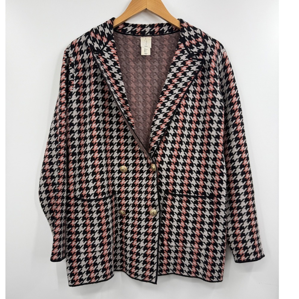 Joie Houndstooth Blazer Jacket Pink Black White Gold‎ Buttons Double Breasted L
